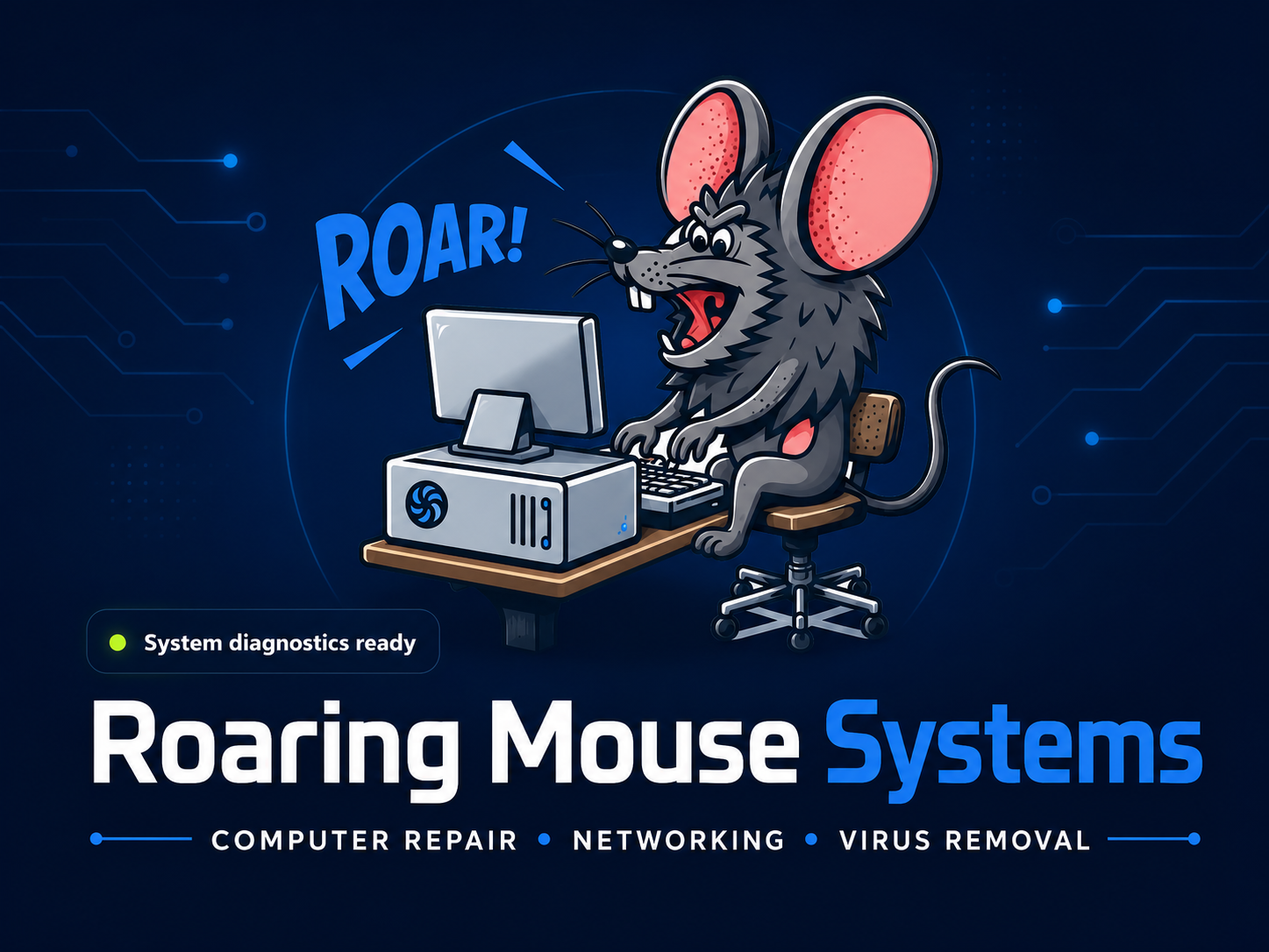 Roaring Mouse Systems computer repair mascot